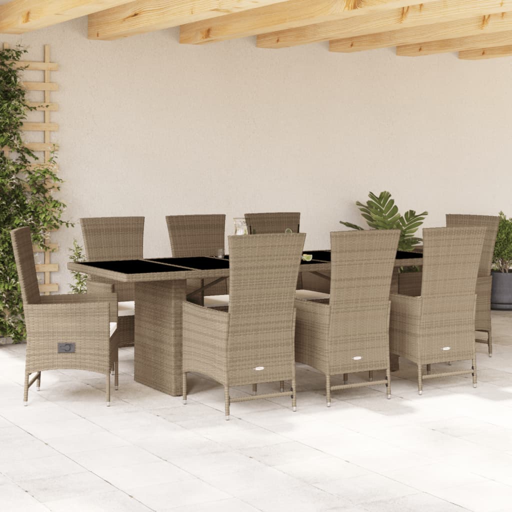 Vetonek Set comedor de jardín 9 pzas con cojines ratán sintético beige