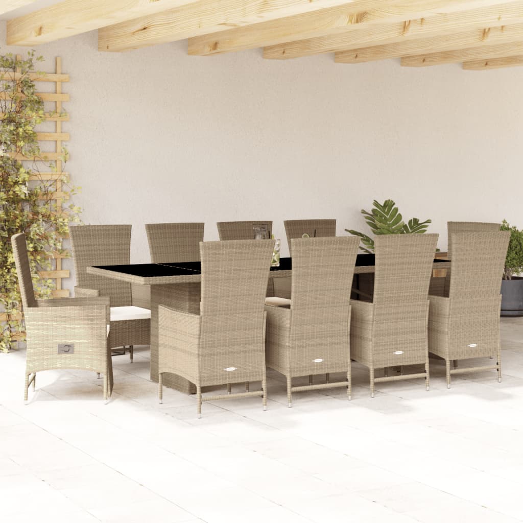 Vetonek Set comedor de jardín 11 pzas con cojines ratán sintético beige