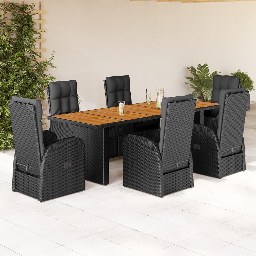 Vetonek Set de comedor de jardín 7 pzas y cojines ratán sintético negro