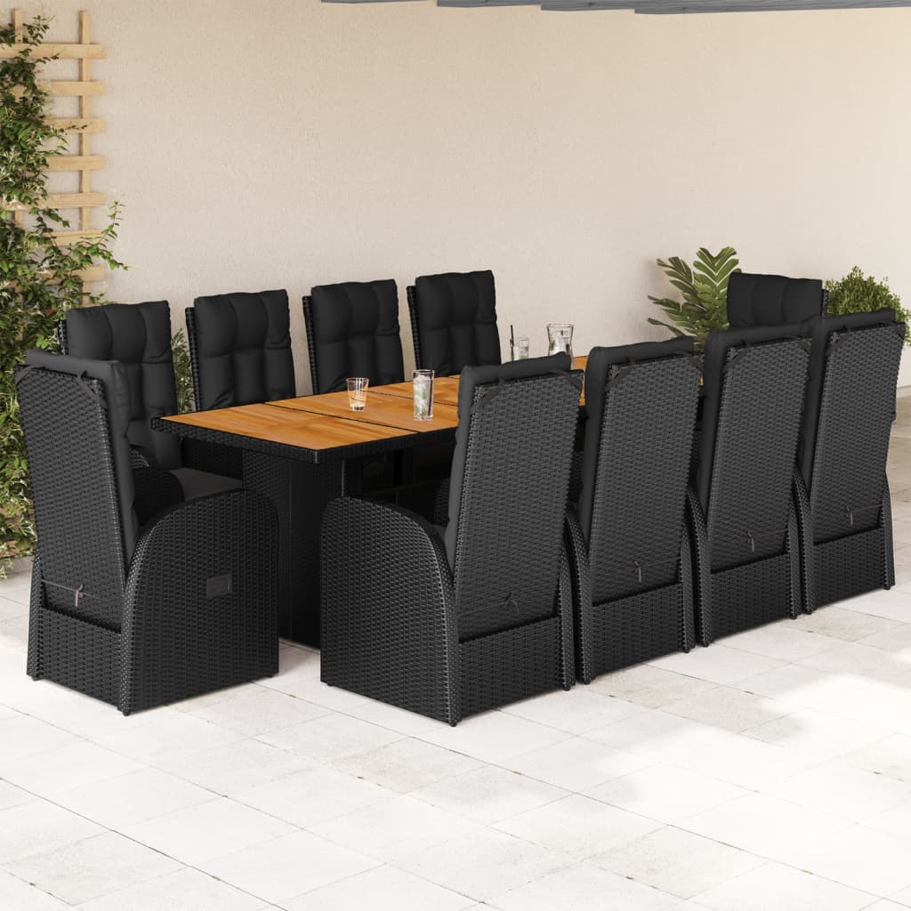 Vetonek Set de comedor jardín 11 pzas con cojines ratán sintético negro