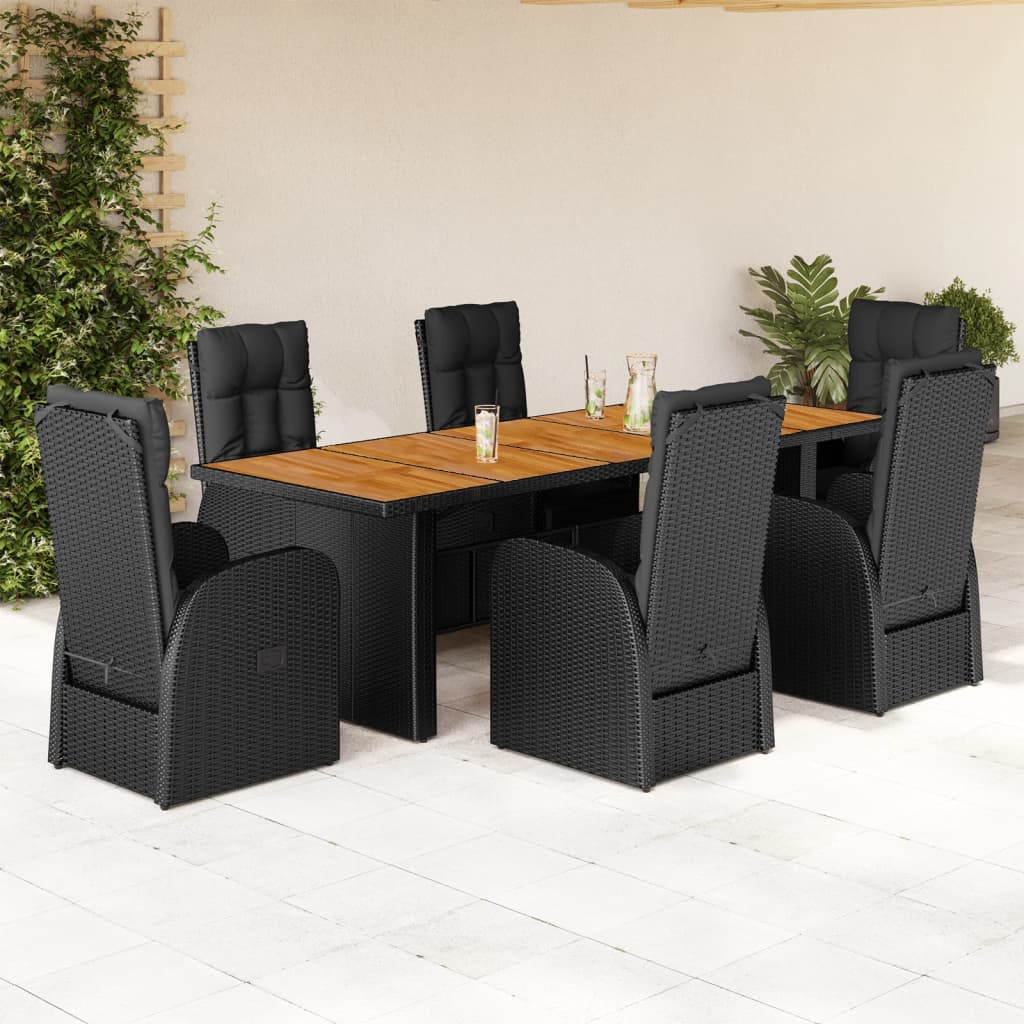 Vetonek Set de comedor de jardín 7 pzas y cojines ratán sintético negro