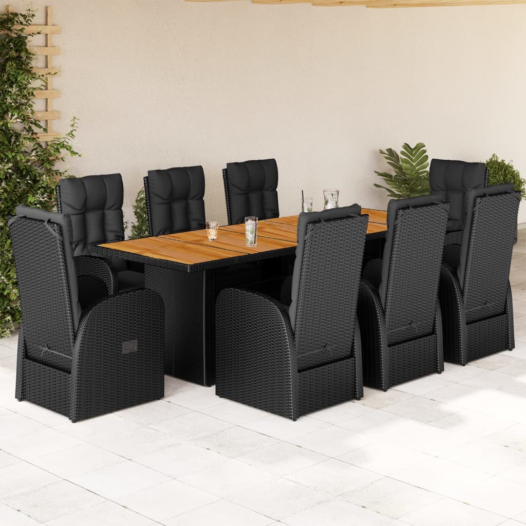 Vetonek Set de comedor de jardín 9 pzas y cojines ratán sintético negro