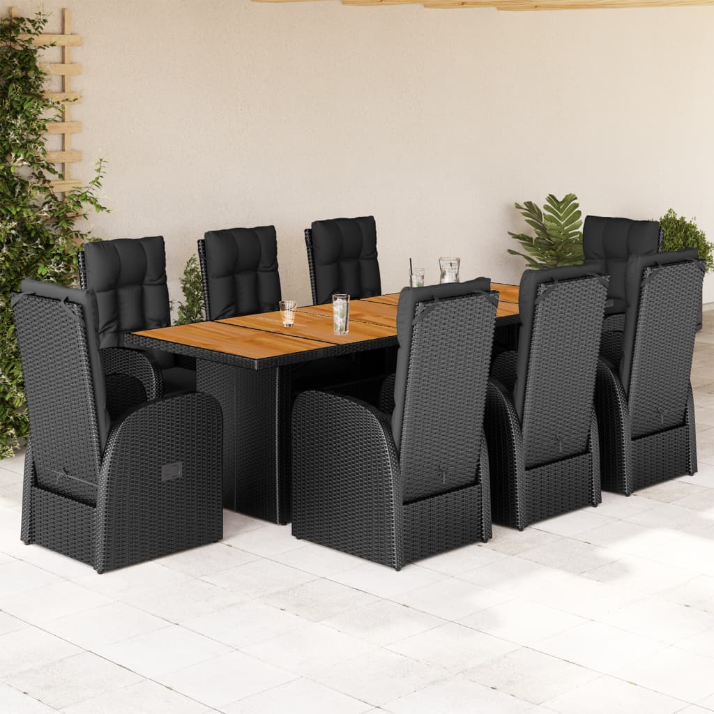 Vetonek Set de comedor de jardín 9 pzas y cojines ratán sintético negro