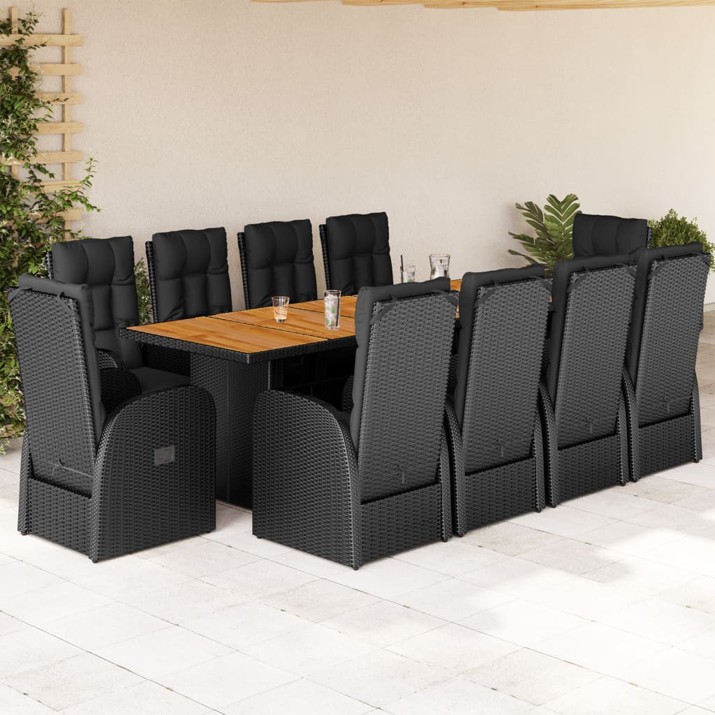 Vetonek Set de comedor jardín 11 pzas con cojines ratán sintético negro