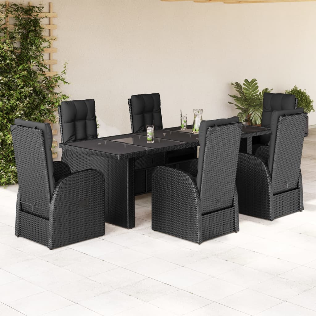 Vetonek Set de comedor de jardín 7 pzas y cojines ratán sintético negro