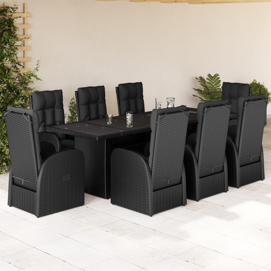 Vetonek Set de comedor de jardín 9 pzas y cojines ratán sintético negro