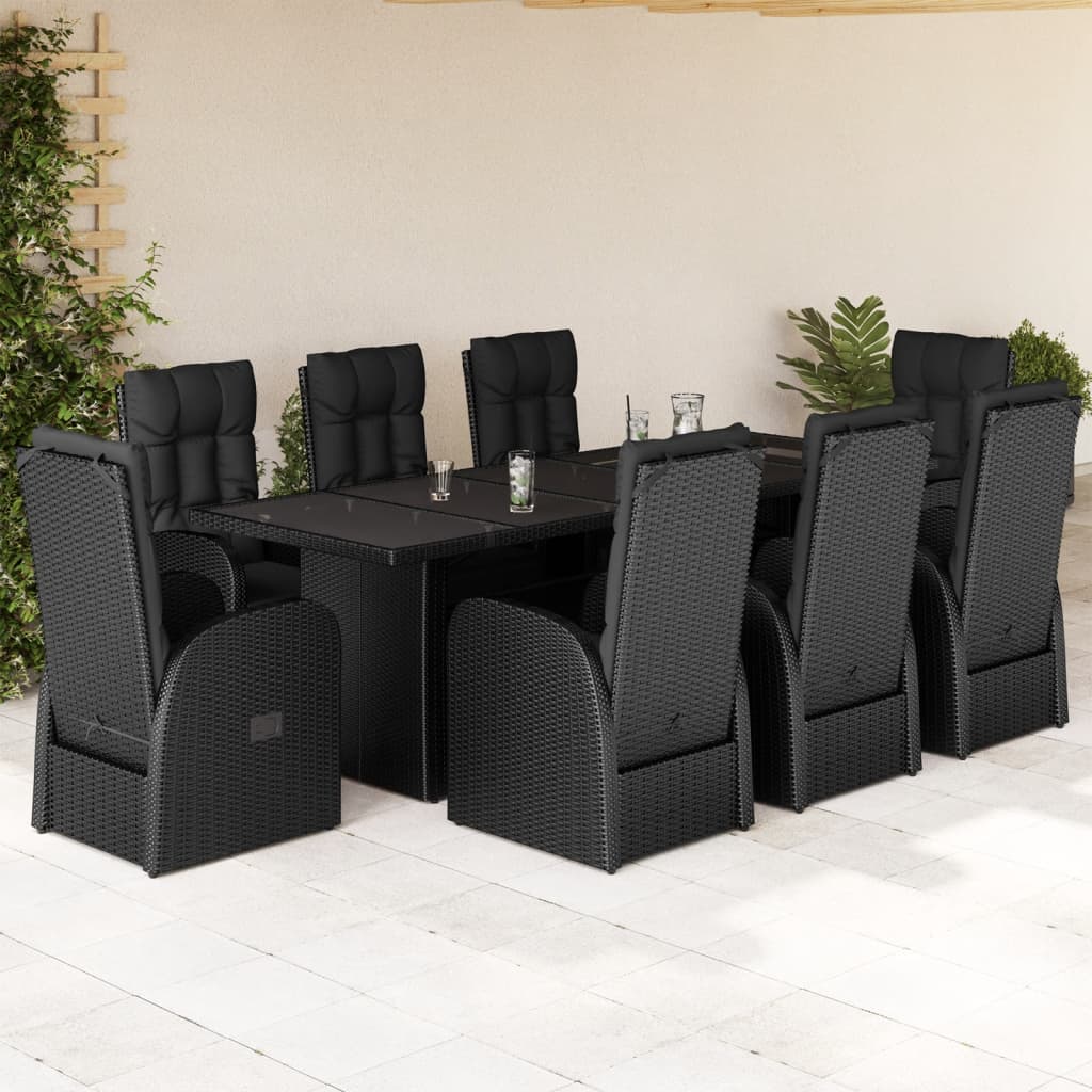 Vetonek Set de comedor de jardín 9 pzas y cojines ratán sintético negro