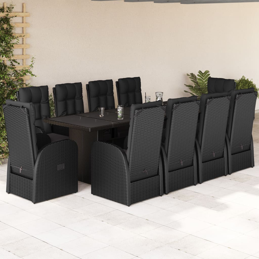 Vetonek Set de comedor jardín 11 pzas con cojines ratán sintético negro