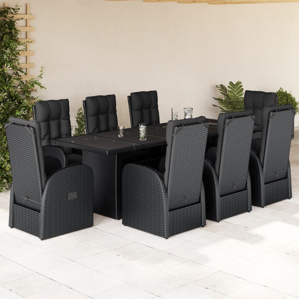 Vetonek Set de comedor de jardín 9 pzas y cojines ratán sintético negro