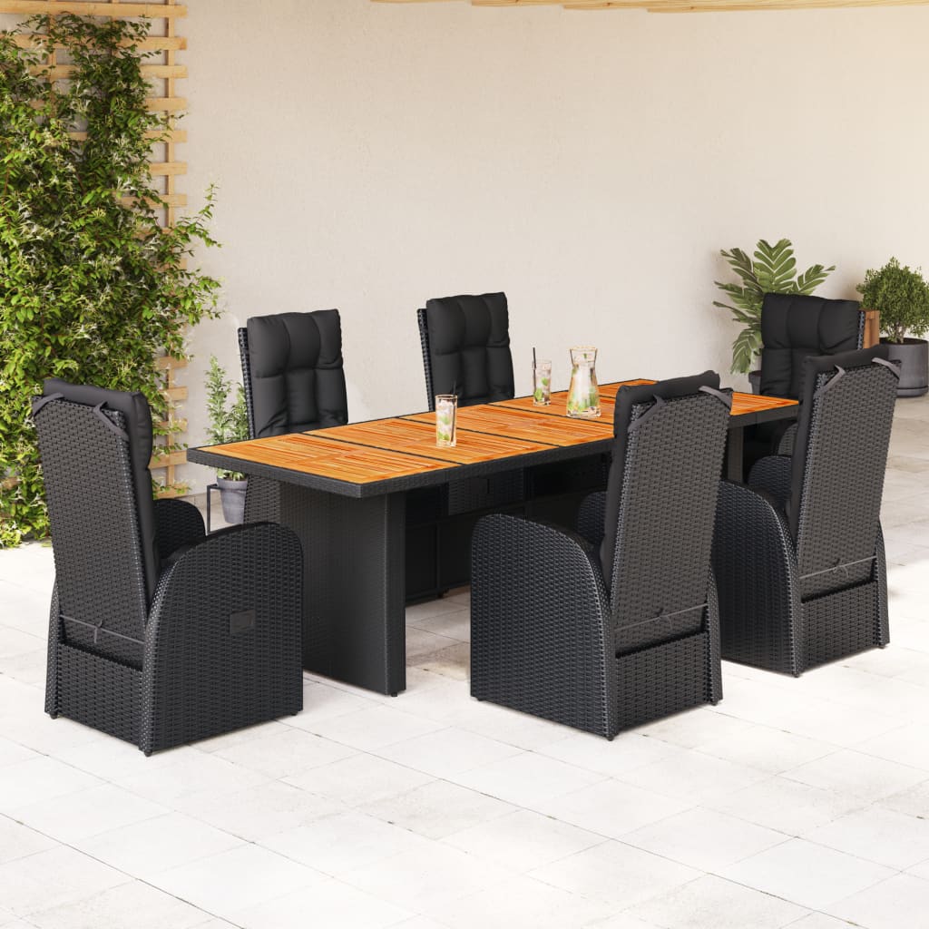 Vetonek Set de comedor de jardín 7 pzas y cojines ratán sintético negro