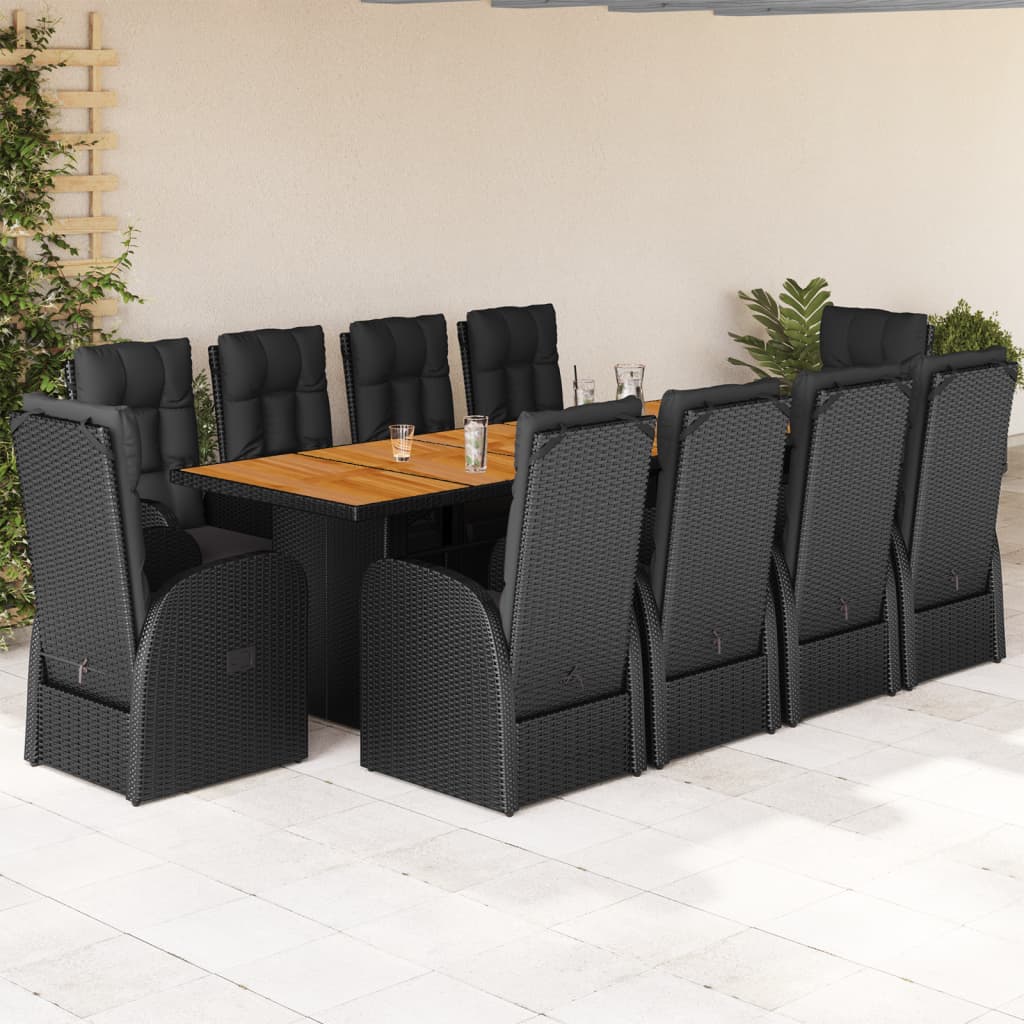 Vetonek Set de comedor jardín 11 pzas con cojines ratán sintético negro