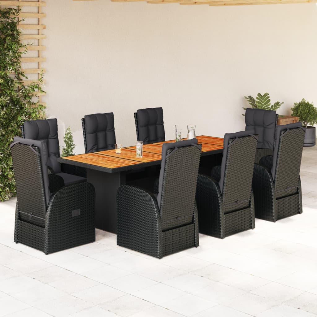 Vetonek Set de comedor de jardín 9 pzas y cojines ratán sintético negro