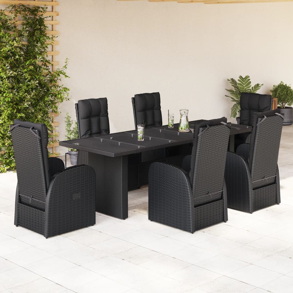 Vetonek Set de comedor de jardín 7 pzas y cojines ratán sintético negro