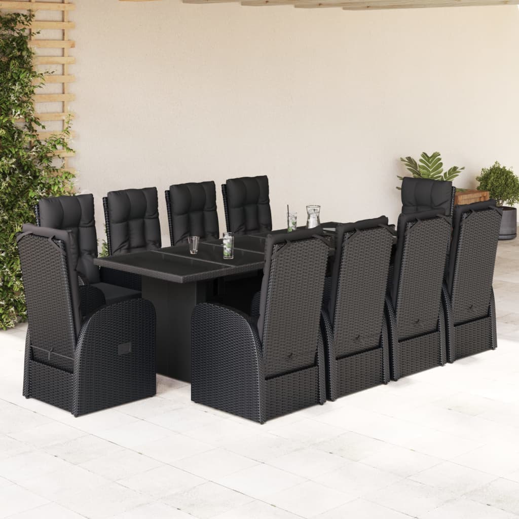 Vetonek Set de comedor jardín 11 pzas con cojines ratán sintético negro