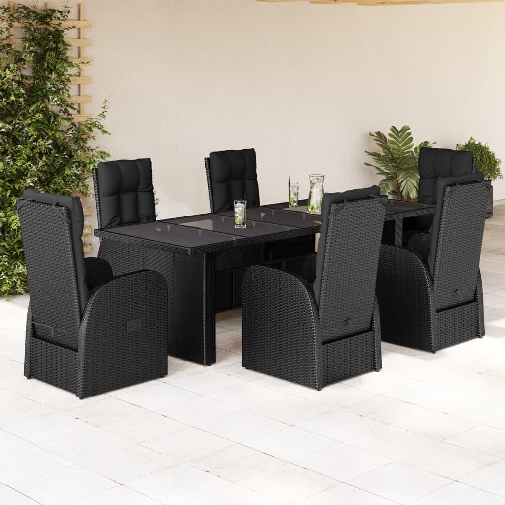 Vetonek Set de comedor de jardín 7 pzas y cojines ratán sintético negro