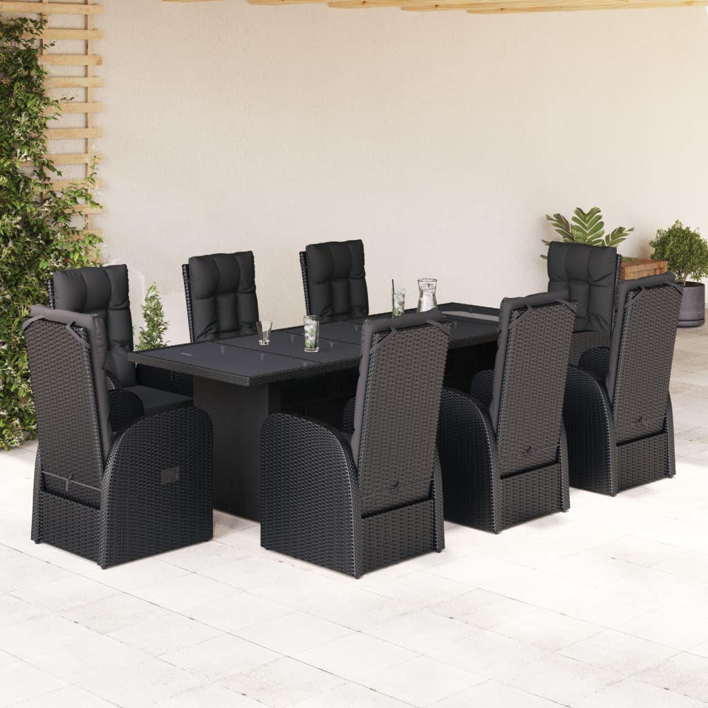 Vetonek Set de comedor de jardín 9 pzas y cojines ratán sintético negro