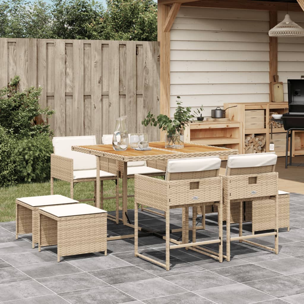 Vetonek Set comedor de jardín 9 pzas con cojines ratán sintético beige