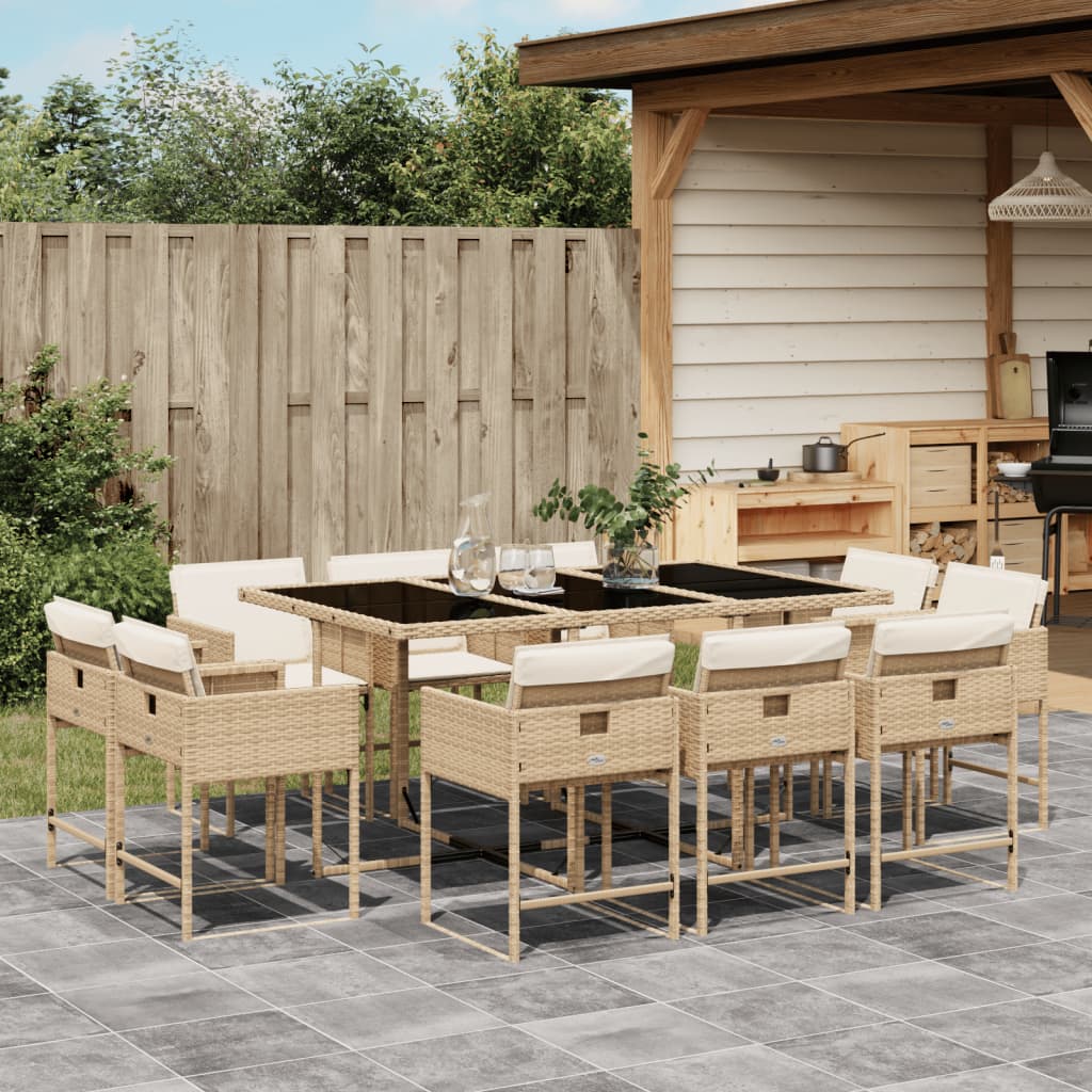 Vetonek Set comedor de jardín 11 pzas con cojines ratán sintético beige