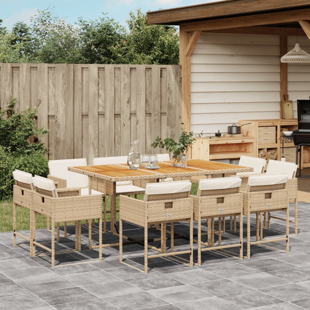 Vetonek Set comedor de jardín 11 pzas con cojines ratán sintético beige