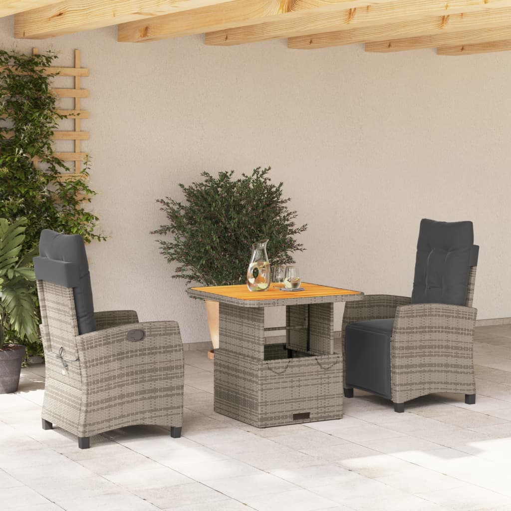 Vetonek Set comedor de jardín 3 piezas con cojines ratán sintético gris