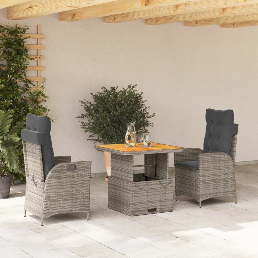 Vetonek Set comedor de jardín 3 piezas con cojines ratán sintético gris