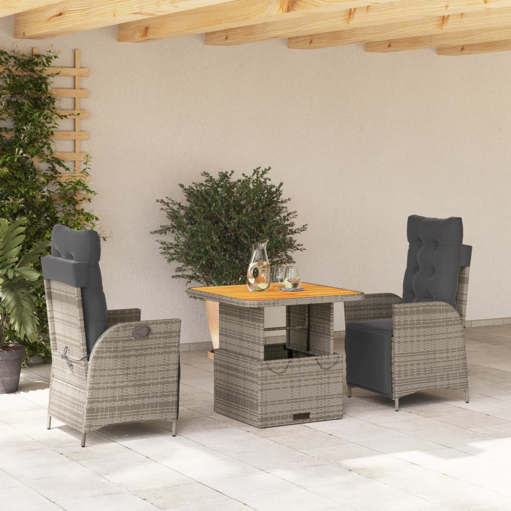 Vetonek Set comedor de jardín 3 piezas con cojines ratán sintético gris