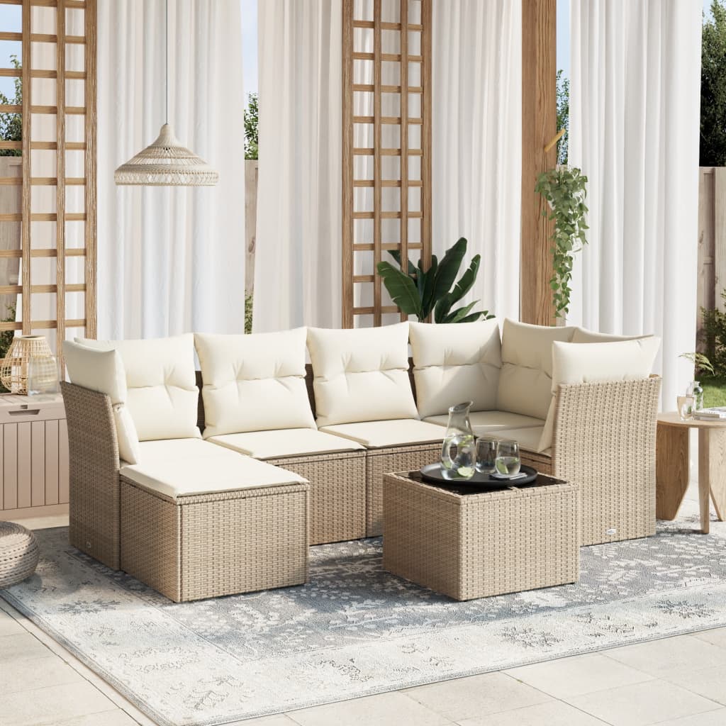 Set sofás de jardín 7 piezas y cojines ratán sintético beige