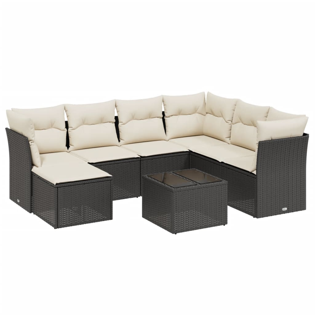 Garden Sofas Set 8 pieces and black synthetic rattan cushions