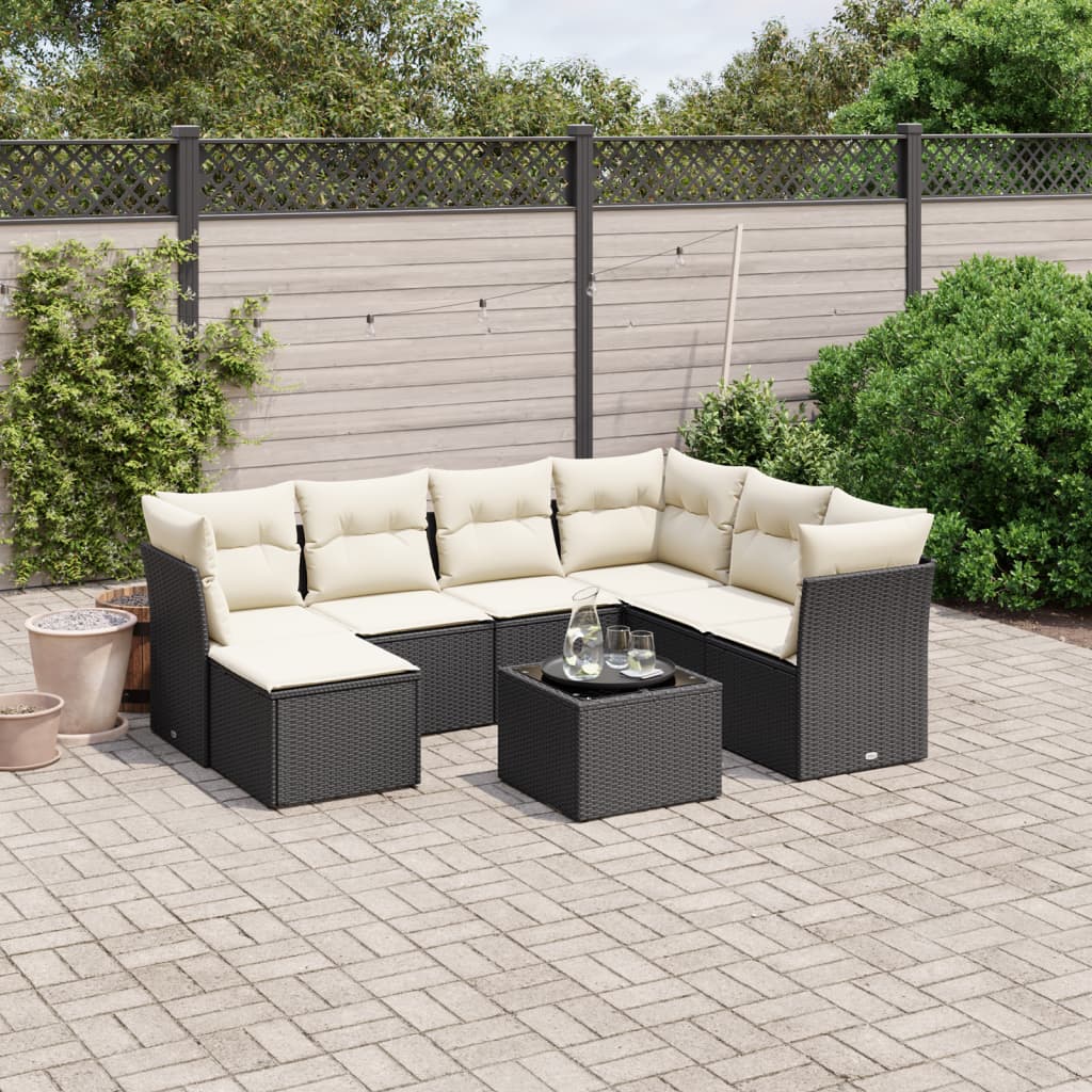 Garden Sofas Set 8 pieces and black synthetic rattan cushions