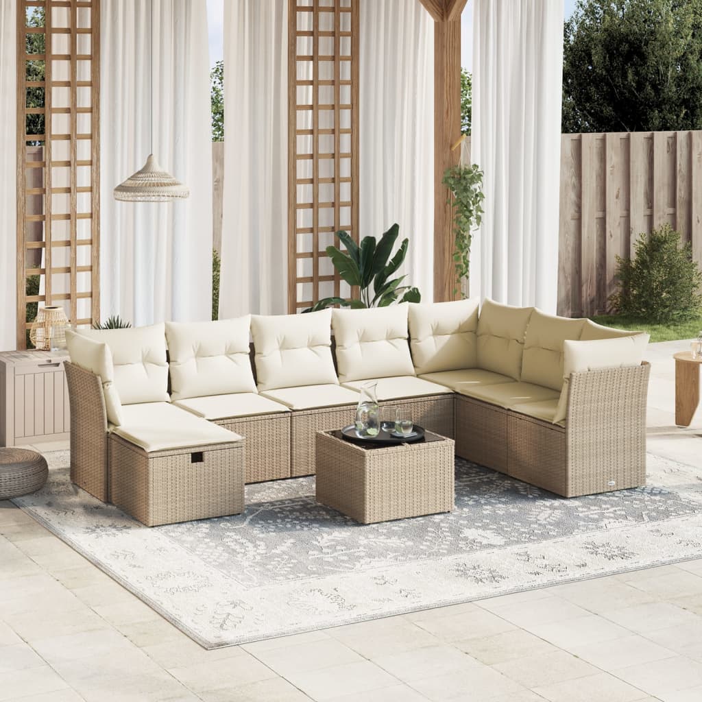 Vetonek Set de sofás de jardín 9 pzas con cojines ratán sintético beige