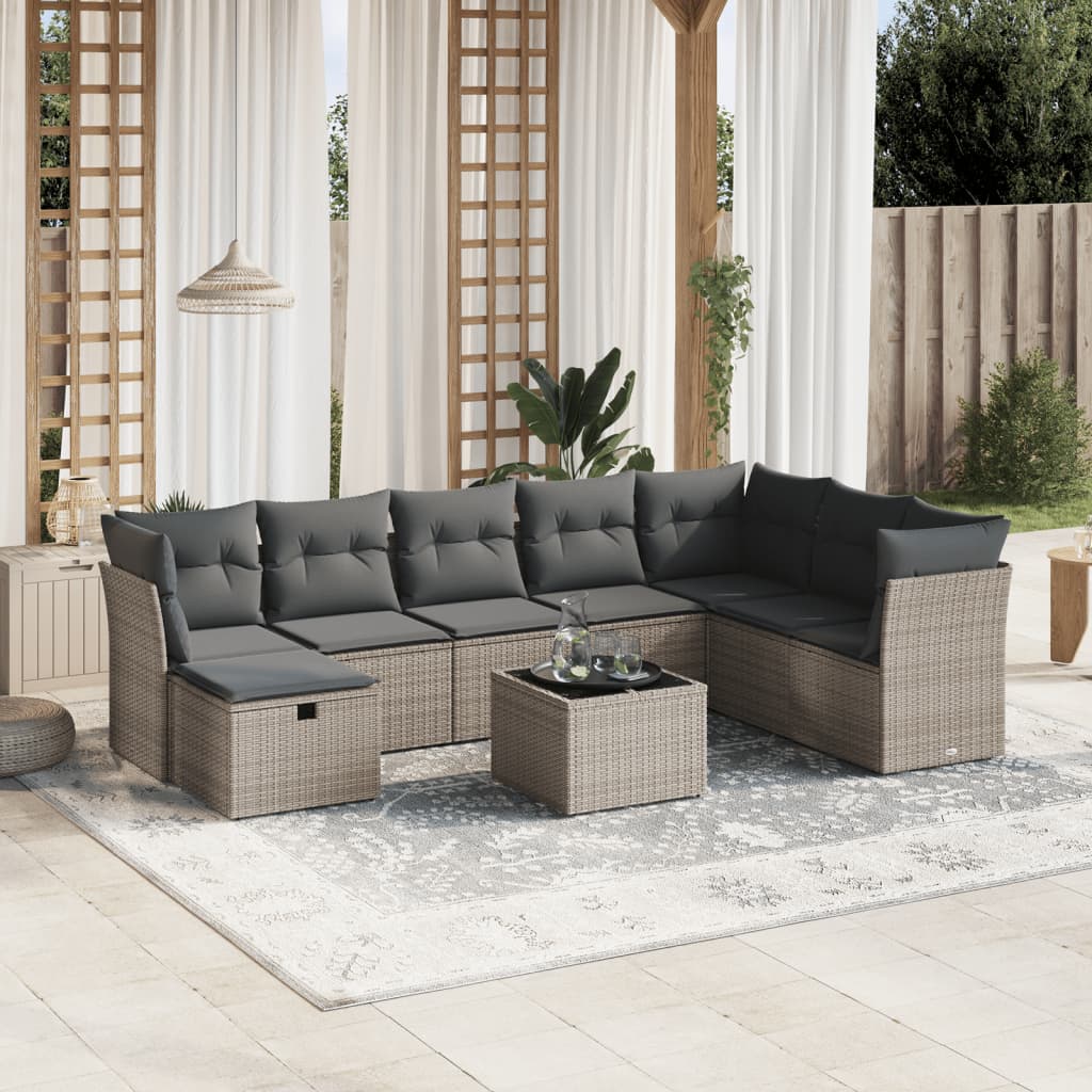 Vetonek Set de muebles de jardín 9 pzas y cojines ratán sintético gris