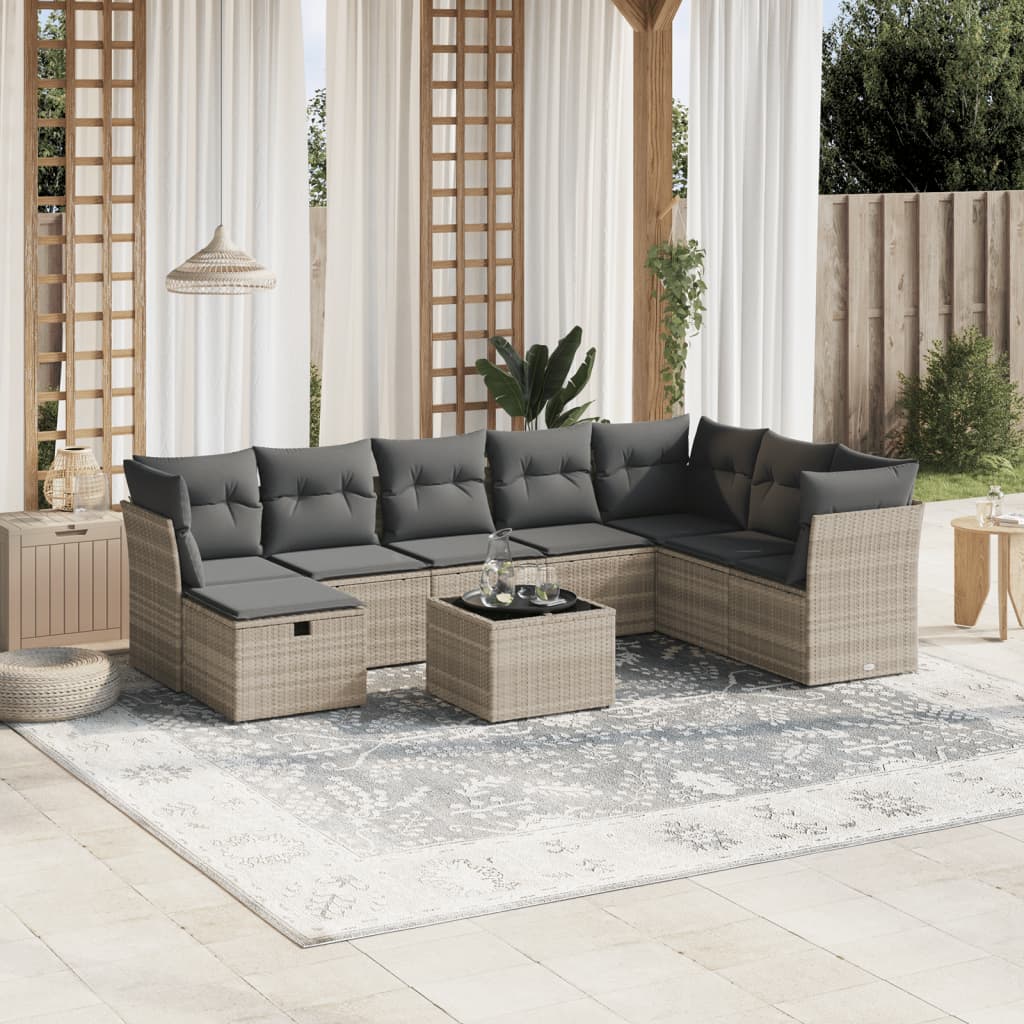 Set mobili da giardino 9 pezzi e cuscini rack grigio sintetico