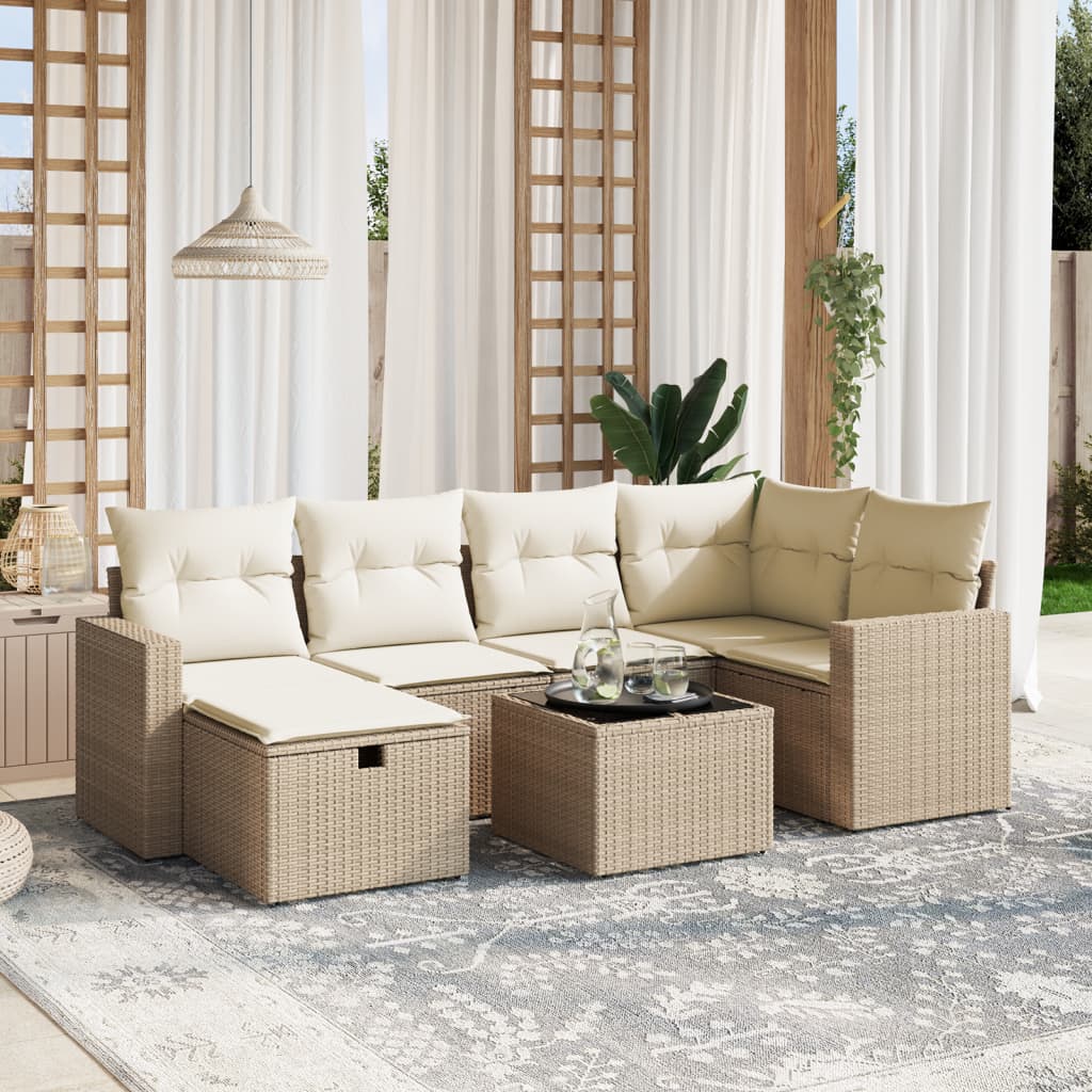 Set sofás de jardín 7 piezas y cojines ratán sintético beige