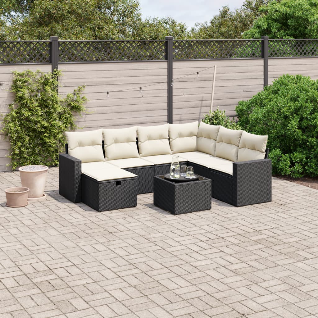 Garden Sofas Set 8 pieces and black synthetic rattan cushions