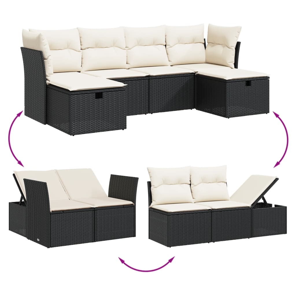 Garden Sofas Set 6 pieces and black synthetic rattan cushions