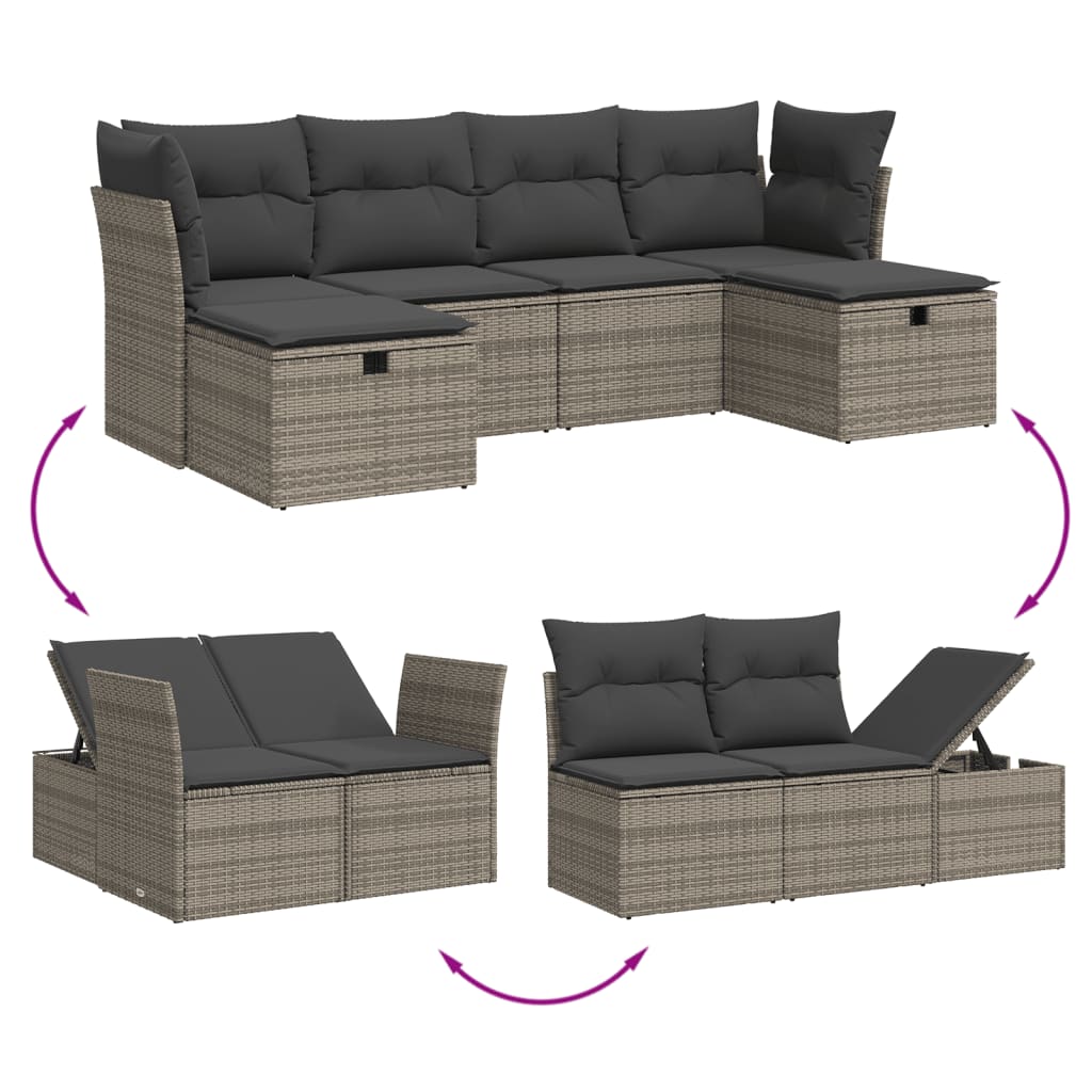 Garden furniture set 6 pcs and gray synthetic rattan cushions