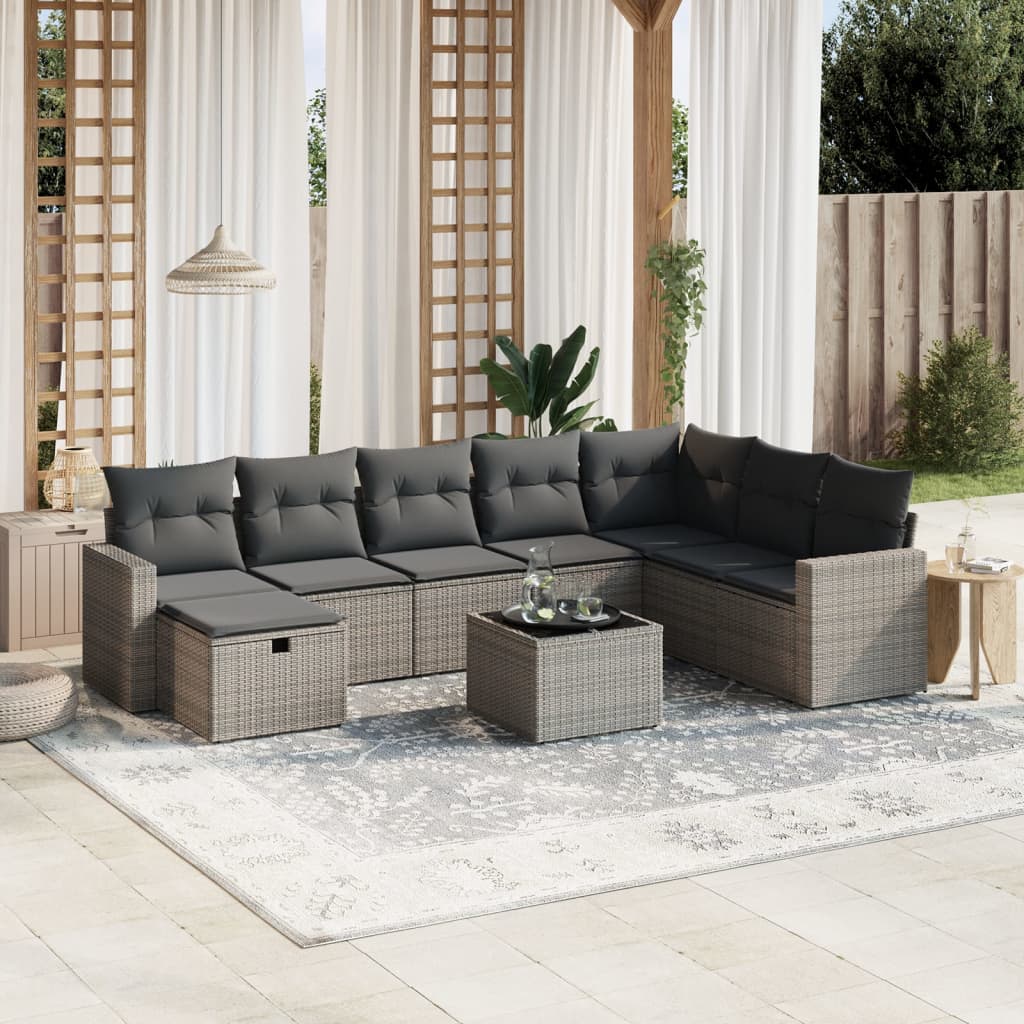 Vetonek Set de muebles de jardín 9 pzas y cojines ratán sintético gris