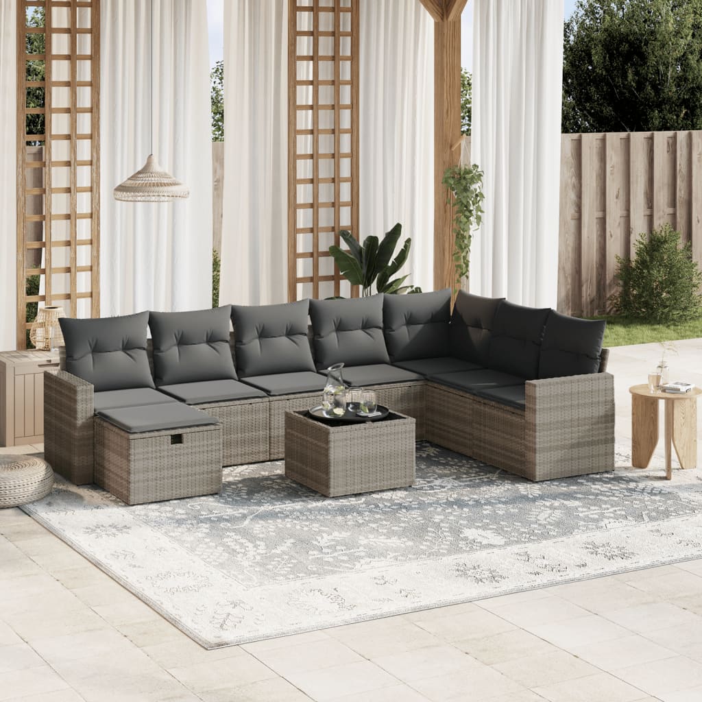 Vetonek Set muebles jardín 9 pzas y cojines ratán sintético gris claro