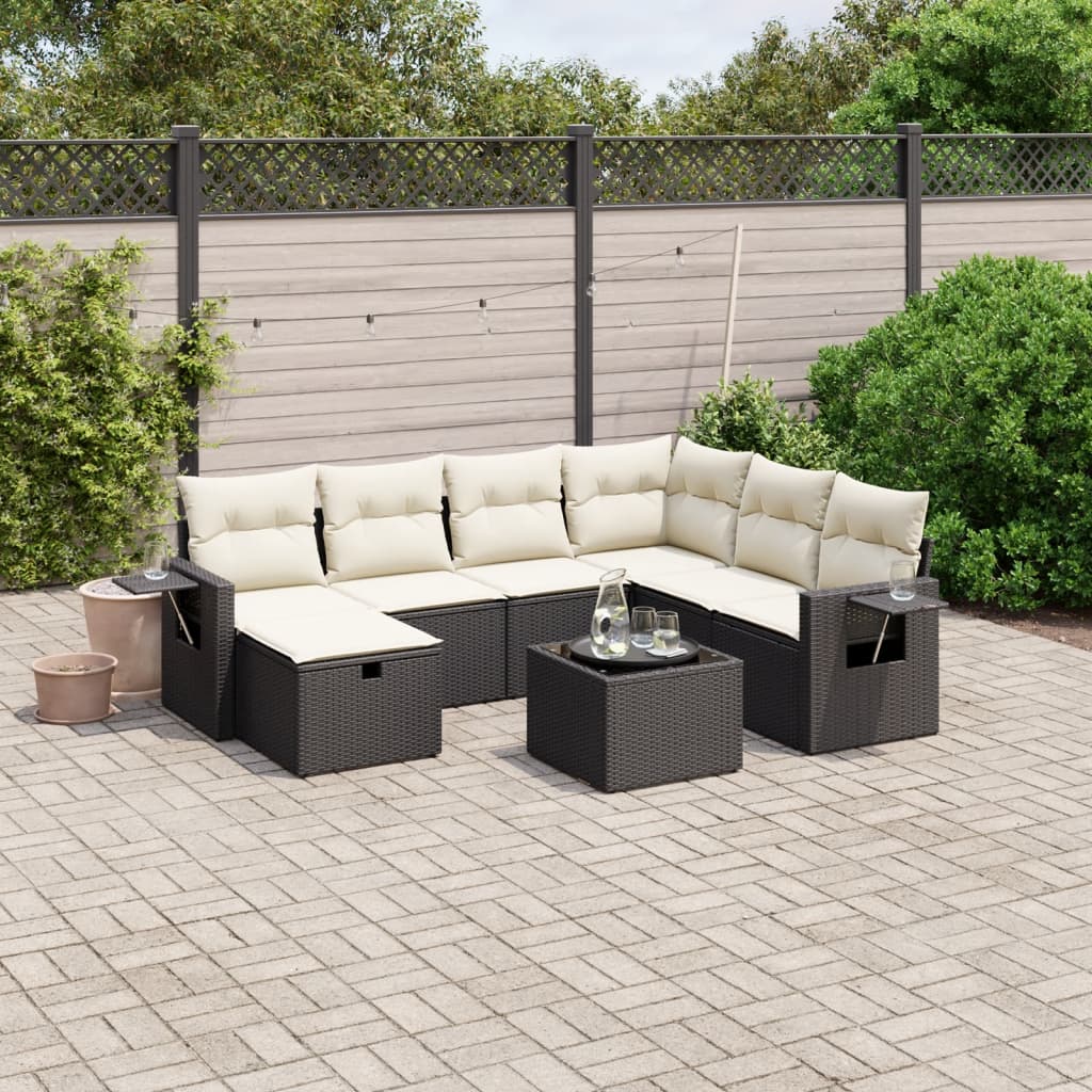 Garden Sofas Set 8 pieces and black synthetic rattan cushions