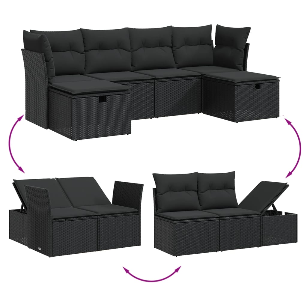 Garden Sofas Set 6 pieces and black synthetic rattan cushions