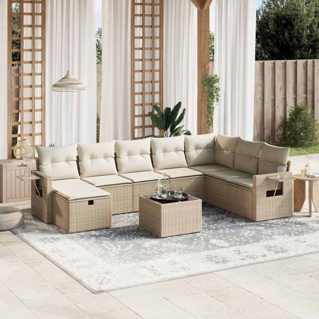 Vetonek Set de sofás de jardín 9 pzas con cojines ratán sintético beige