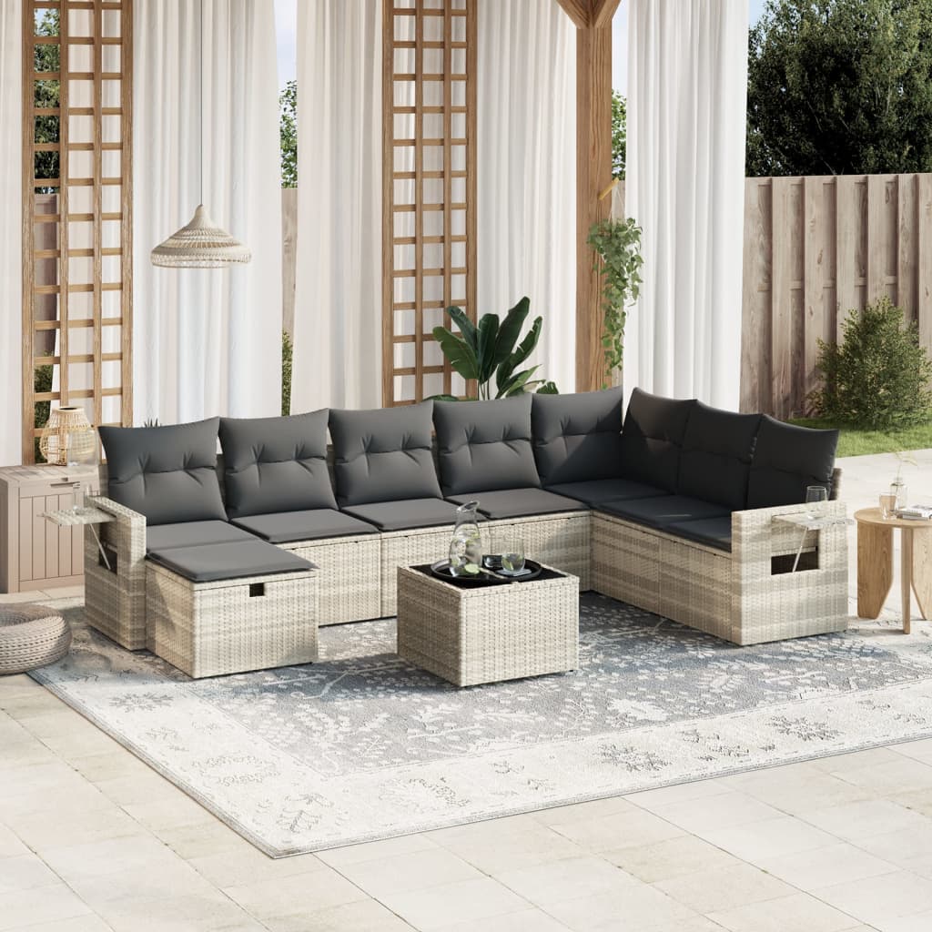 Vetonek Set muebles jardín 9 pzas y cojines ratán sintético gris claro