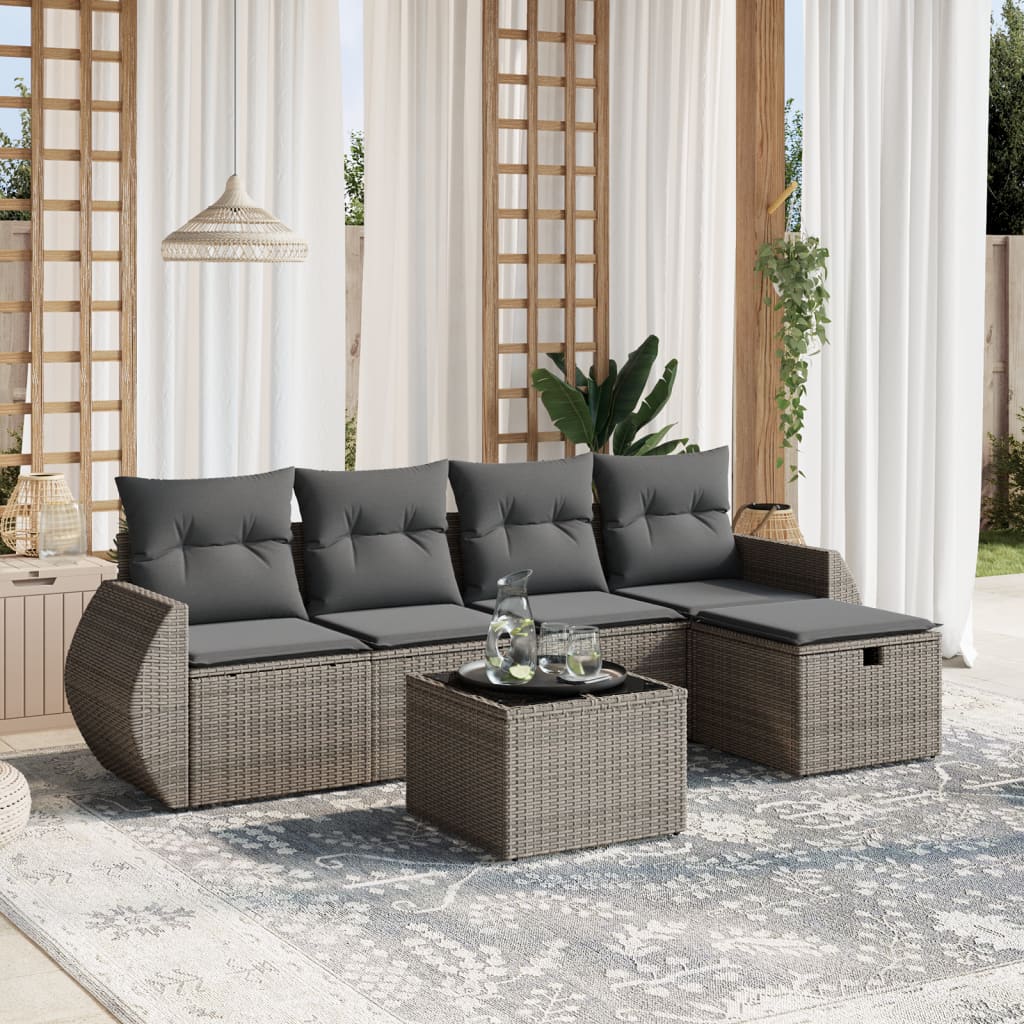 Vetonek Set de muebles de jardín 6 pzas y cojines ratán sintético gris