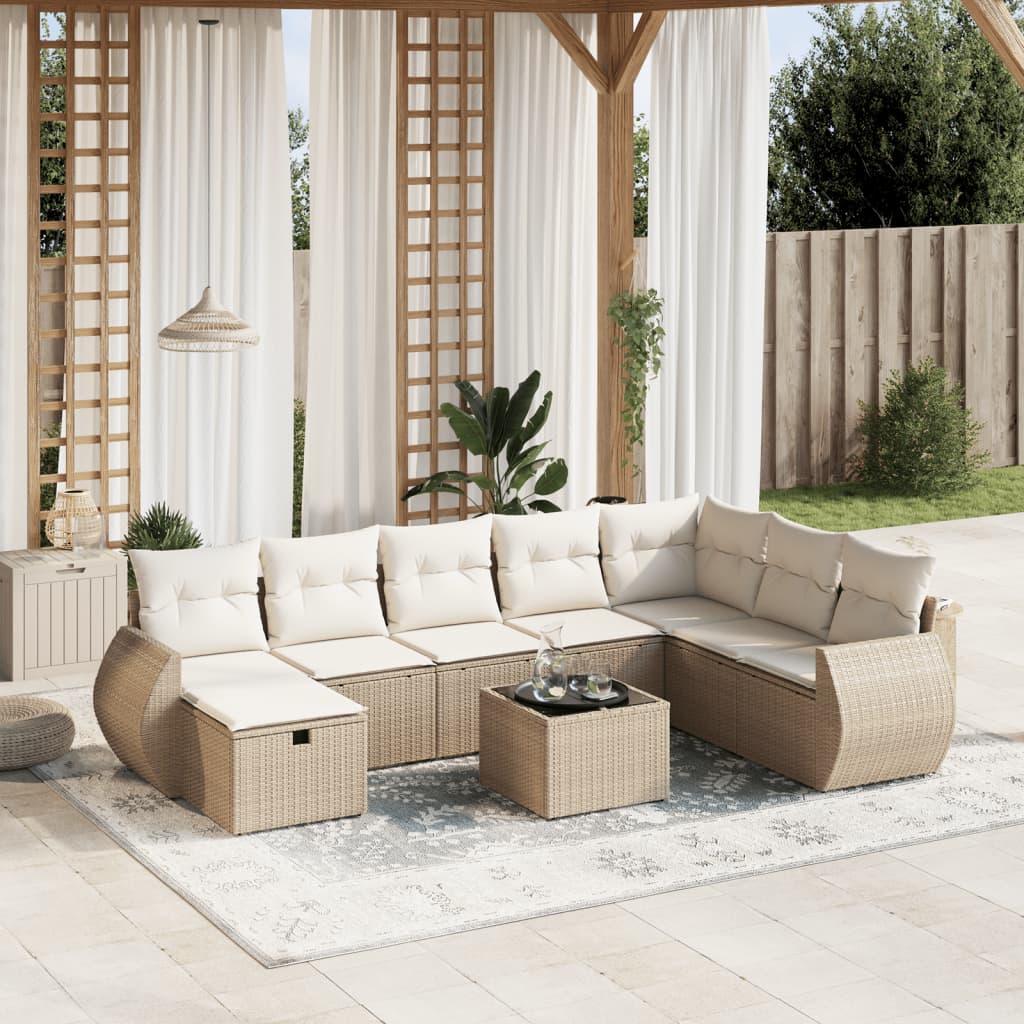 Vetonek Set de sofás de jardín 9 pzas con cojines ratán sintético beige