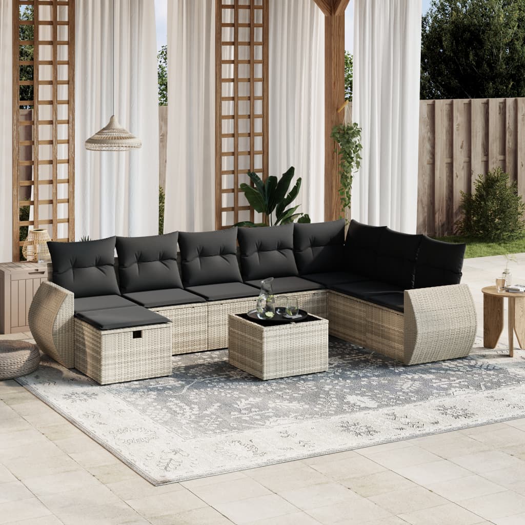 Set muebles jardín 9 pzas y cojines ratán sintético gris claro