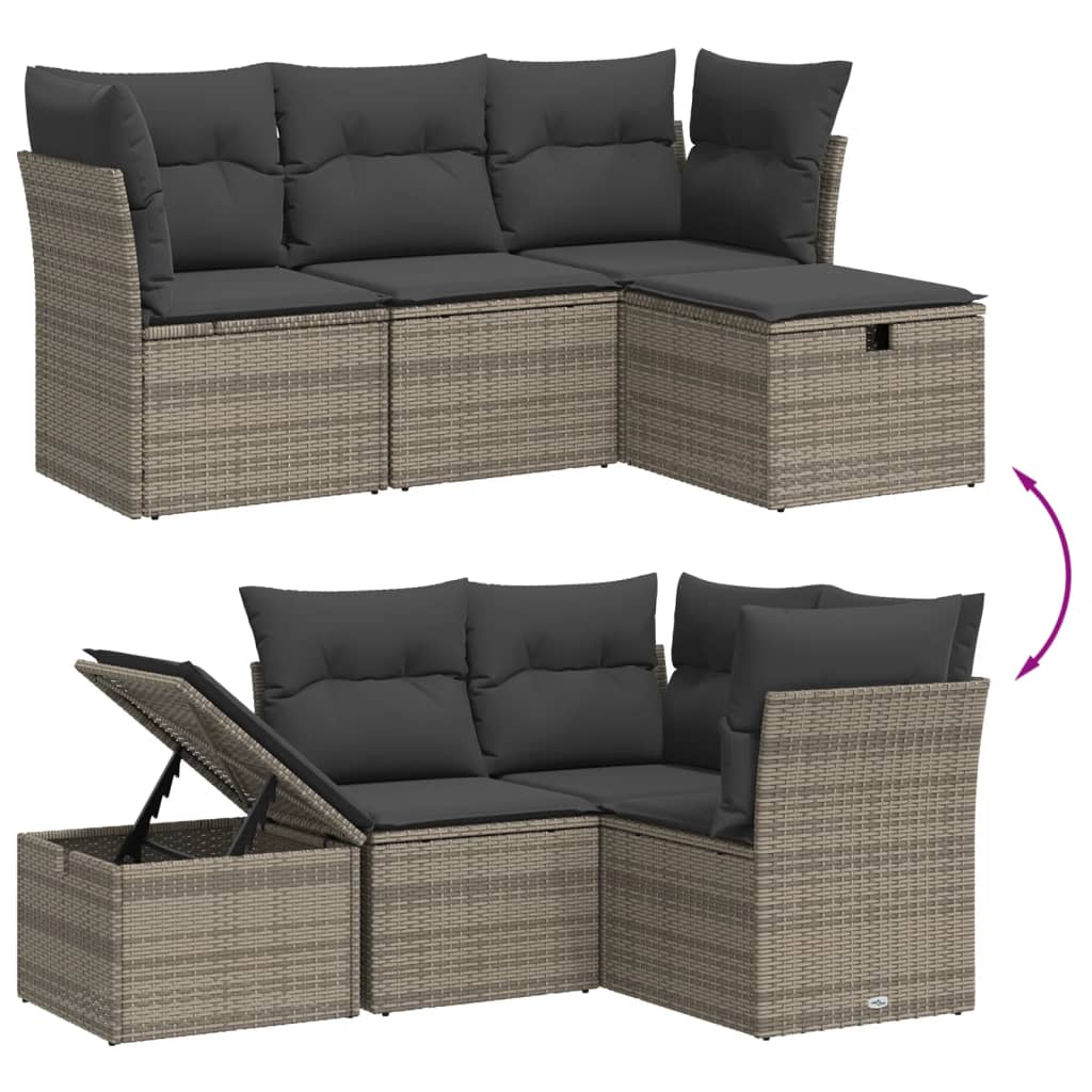 4 pcs garden sofas set and gray synthetic rattan cushions