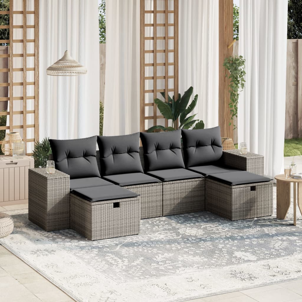 Vetonek Set de muebles de jardín 6 pzas y cojines ratán sintético gris