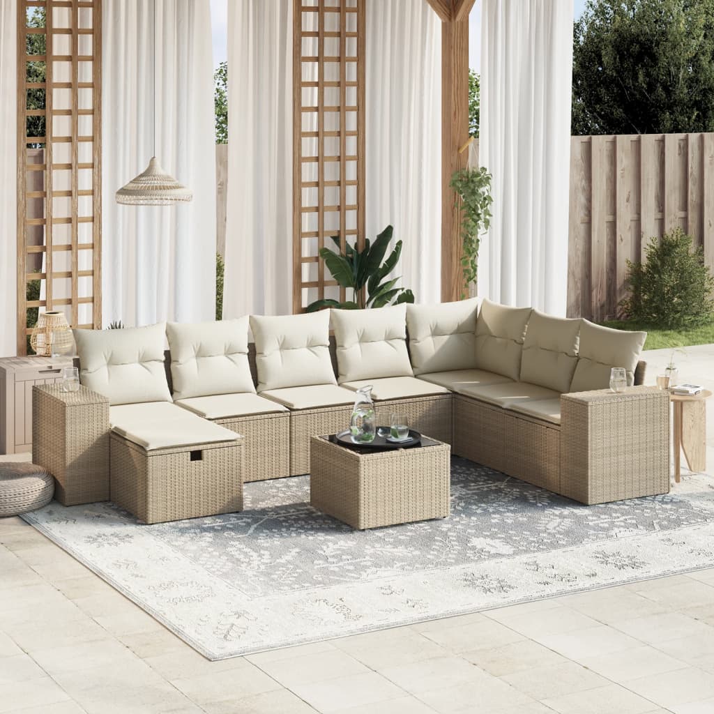 Vetonek Set de sofás de jardín 9 pzas con cojines ratán sintético beige