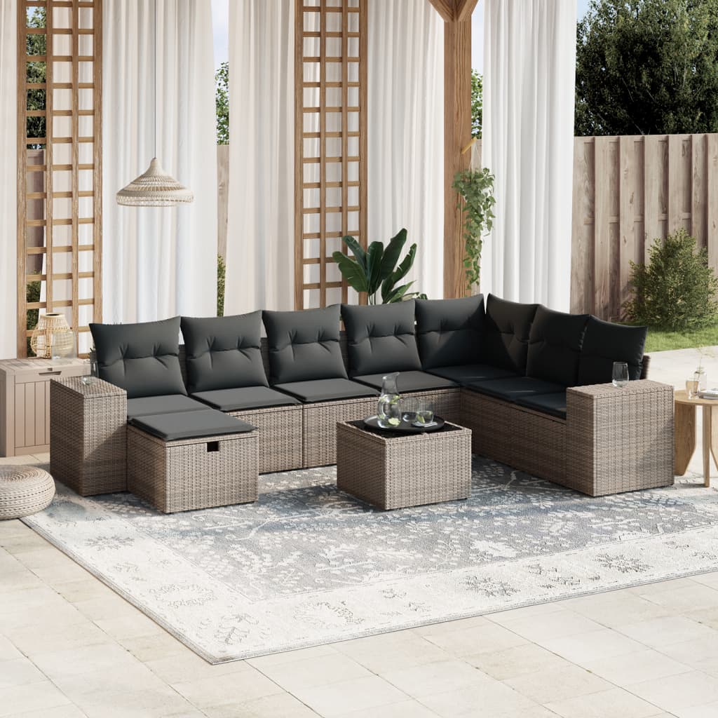 Vetonek Set de muebles de jardín 9 pzas y cojines ratán sintético gris