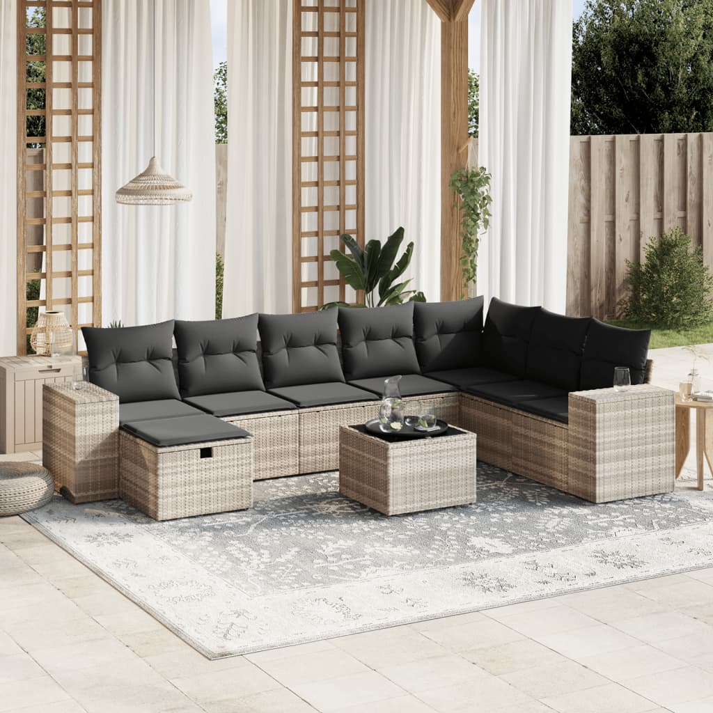 Vetonek Set muebles jardín 9 pzas y cojines ratán sintético gris claro